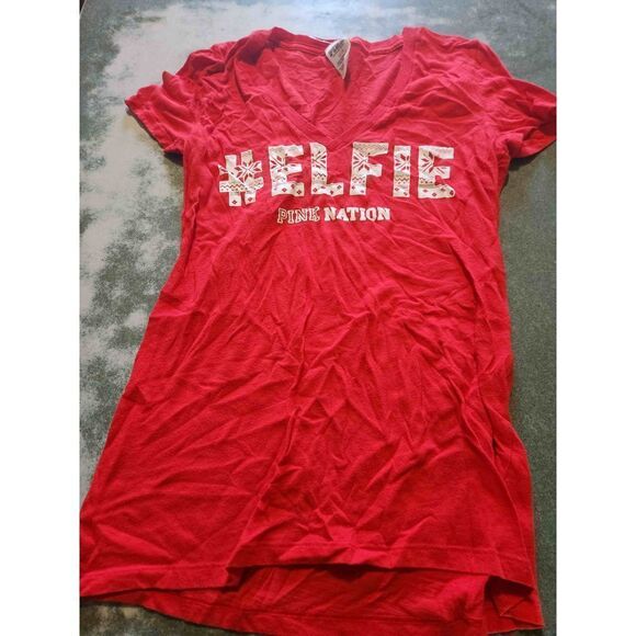 Victoria's Secret Pink Nation # ELFIE V Neck Tee Top Shirt sz Large - Picture 1 of 3